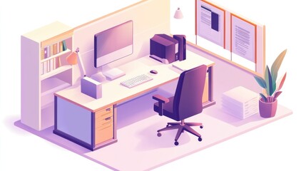 Modern Isometric Office Workspace Design: Desk, Computer, Chair, and Bookshelf