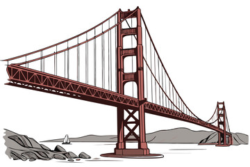 8 Golden Gate Bridge, San Francisco, iconic landmark, architectural marvel, suspension bridge, red steel structure, towering towers, long cables, engineering feat, bay crossing, detailed illustration,