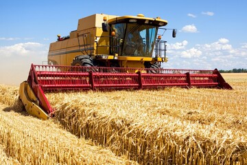 Obraz premium Large yellow combine harvester working in wheat field under blue sky during sunny peak harvest rural farmland view