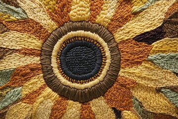 Intricate embroidery depicting a sunflower's center, showcasing diverse shades of brown, beige, and gold.
