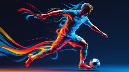 Dynamic abstract soccer player in motion a vibrant digital artwork capturing speed agility and energy in colorful hues