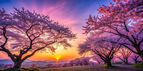 Obraz premium Silhouette of Cherry Blossoms in Japan - Pink and Purple Sunset