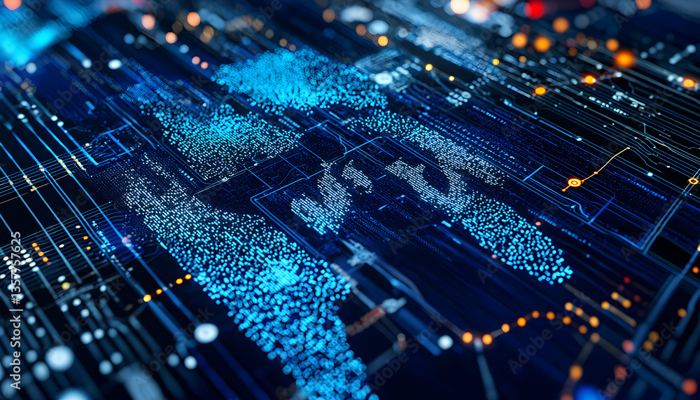 Poster intricate circuit board design featuring illuminated lines and geometric shapes