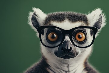Fototapeta premium Cute lemur wearing glasses against green background