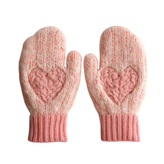 Woolen Gloves in Soft Pink with Heart Design Isolated on Transparent Background