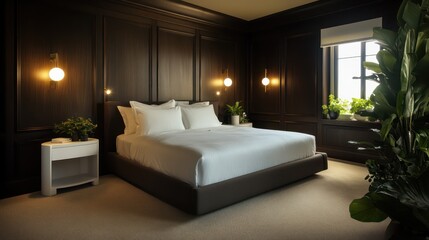 A serene bedroom with dark wood paneling and a high ceiling