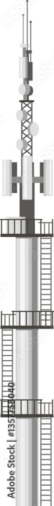 Poster telecommunication tower reaching high with multiple antennas and platforms for maintenance, symboliz