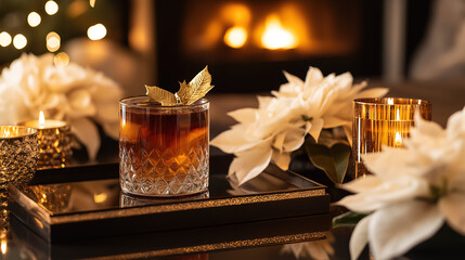 Classic Whiskey Glass with Holiday Flowers and Festive Decor