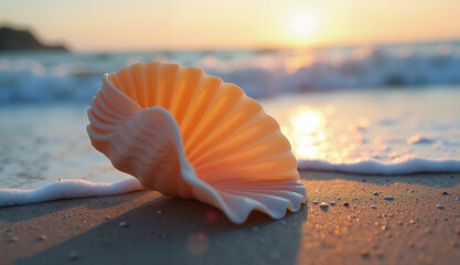 seashell resting on the sand at sunset by the ocean  