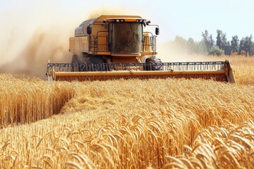 Obraz premium Large yellow harvester machine cutting wheat in golden field under blue sky showcasing efficient mechanized agriculture and sustainable food production
