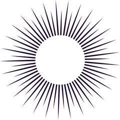 Graphic design element featuring radiating lines emanating from a central circular space, evoking a sunburst, starburst, or explosion effect, ideal for backgrounds, logos, or decorative elements