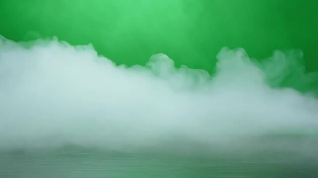 A low cloud of thick fog rolling over a bright green background. Chroma key mockup concept of eerie atmosphere and flexible composition.