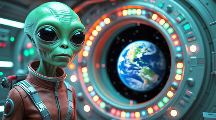 Alien pilot stands next to the window of a spaceship, where the planet Earth is visible.