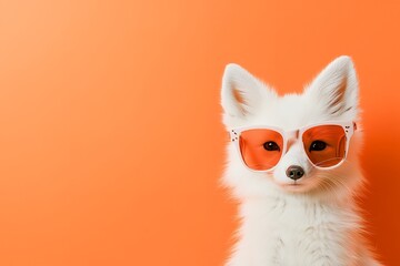 Obraz premium White fox with stylish sunglasses against vibrant orange background