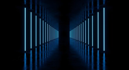 Naklejka premium Futuristic Dark Corridor with Neon Lights and Reflections - Abstract Scifi Interior