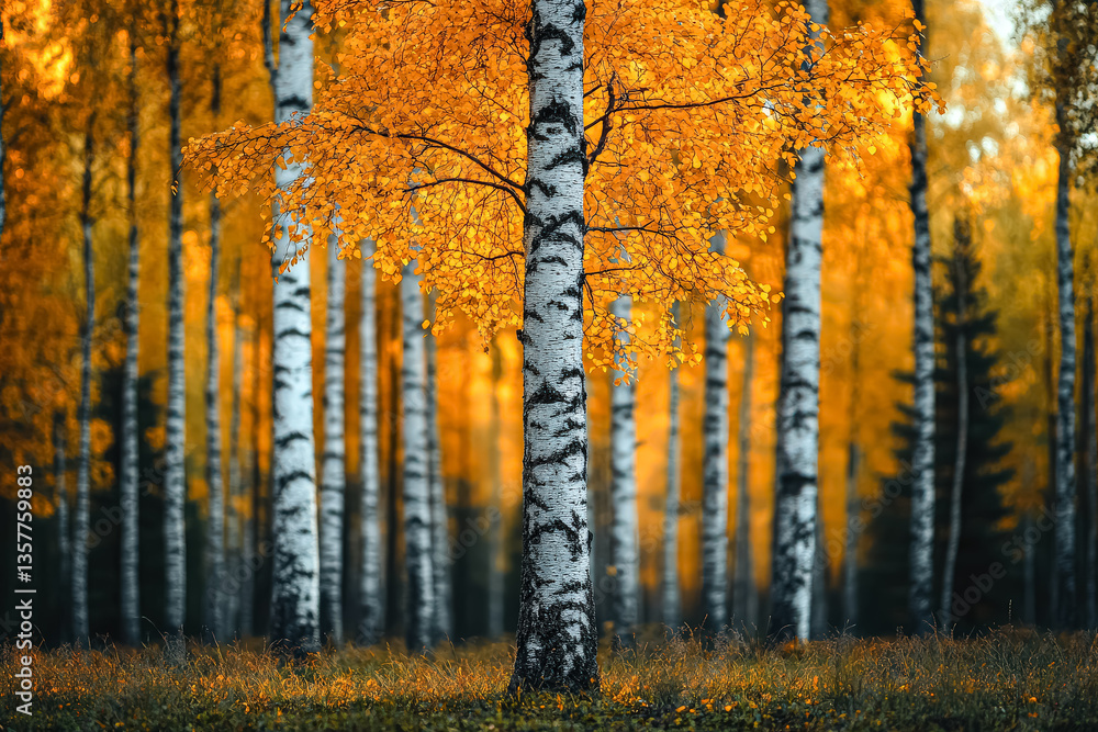 Poster tree with yellow leaves stands in a field of grass. the tree is surrounded by other trees, creating 