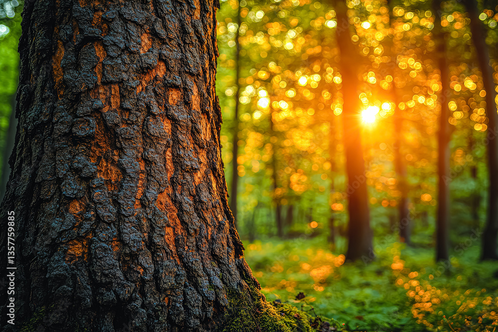 Poster tree trunk with a sun shining on it. the sun is in the background and the tree is in the foreground