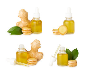 Ginger essential oil isolated on white background. Fresh ginger slices. Essence, serum, oil....