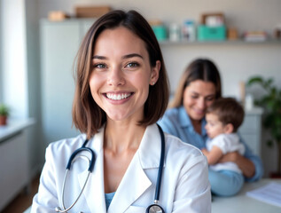 Young woman pediatrician in a white coat with a stethoscope around her neck hosts a mother and child in her office.