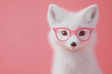 Obraz premium Adorable arctic fox wearing pink glasses against pink background