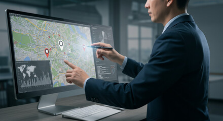 A focused professional analyzes global logistics data on a large monitor, strategically planning efficient routes and optimizing delivery networks with a sleek, modern interface.