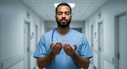 Obraz premium Peaceful Doctor Meditating in Hospital Corridor