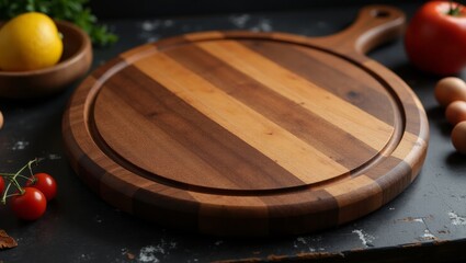 Obraz premium Surreal cinematic photo of a rustic round wooden cutting board on dark textured background