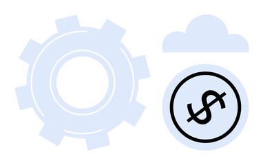 Large gear next to cloud and dollar symbol representing automation, cloud technology, and financial systems. Ideal for business, finance, technology, automation, cloud computing, innovation flat