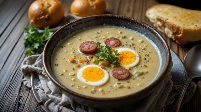 Creamy Zurek Soup with Hard Boiled Eggs and Sausage Slices in a Bowl