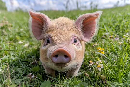 Cute piglet exploring a green meadow surrounded by wildflowers under a bright blue sky