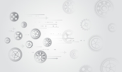 Sci-fi grey background with different technological elements. Science concept, lines, arrows and gear mechanism. Abstract high-tech communication for presentation or banner.