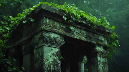Fototapeta premium Ancient stone ruins covered in vines and moss. Concept of nature silently reclaiming space. A scene of abandonment.