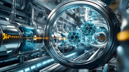 An illustration of platinum catalysts at the core of a futuristic industrial reactor, accelerating complex chemical processes for renewable energy production.