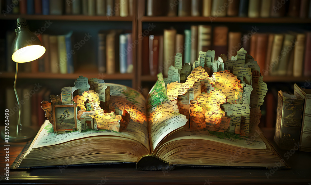 Poster open book displaying pop up map landscape under desk lamp