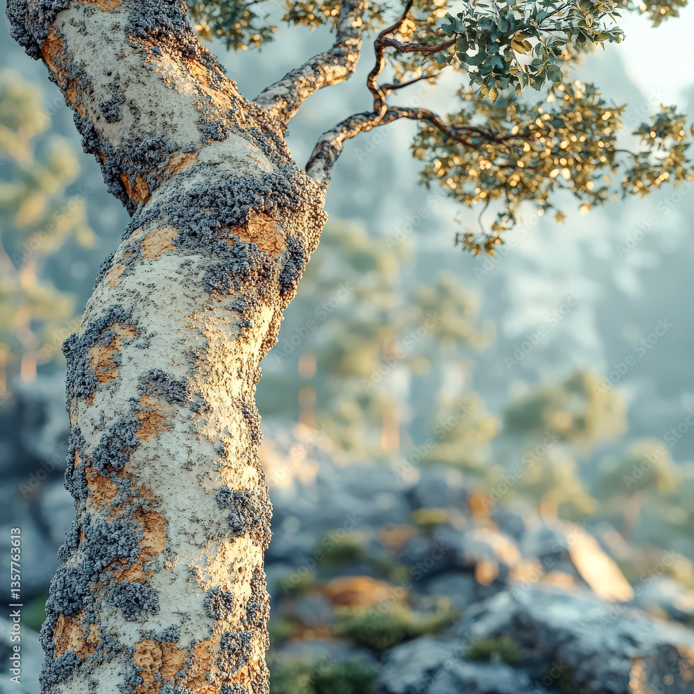 Poster tree with a lot of moss on it is shown in a rocky area. the moss gives the tree a weathered appearan