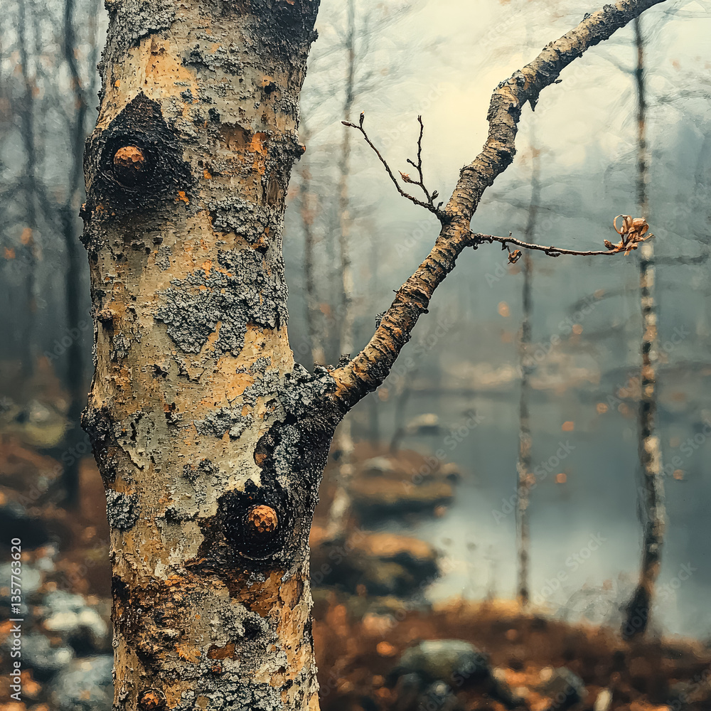 Aufkleber tree with a rough bark and moss growing on it. the branch has leaves on it and the leaves are brown.