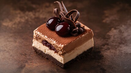 Decadent coffee cherry tiramisu with a silky mascarpone layer, cocoa-dusted top, carefully placed chocolate curls, shot in studio lighting