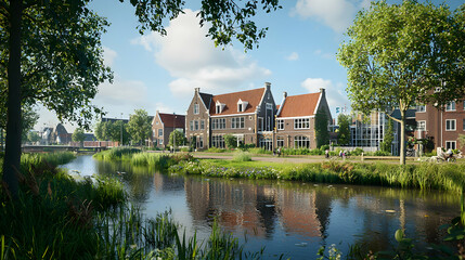 Obraz premium Town Canal View with Buildings, Trees, and Reflection in Water