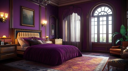 Fototapeta premium Bold Art Deco bedroom with opulent furniture and decor