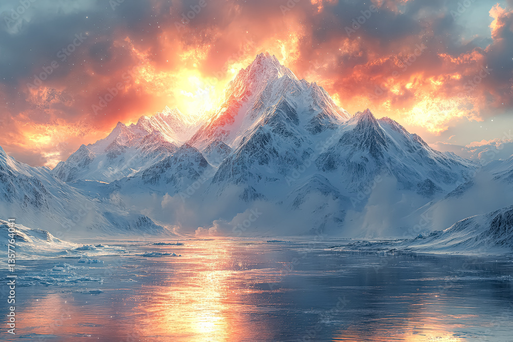 Poster beautiful mountain range with a large mountain in the background and a large body of water in front 