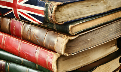 Stack of Antique Books with Colorful Covers and Worn Pages