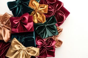 Luxurious velvet and satin gift boxes with large bows in rich jewel tones.