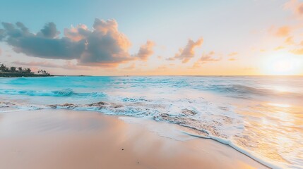 A calm ocean at sunrise, with gentle waves lapping at a pristine sandy beach