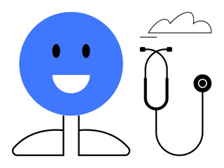 Smiling blue figure alongside minimalist stethoscope under cloud. Ideal for healthcare, wellness, medical consultation, positivity, diagnostics, support, and encouragement. Flat simple metaphor