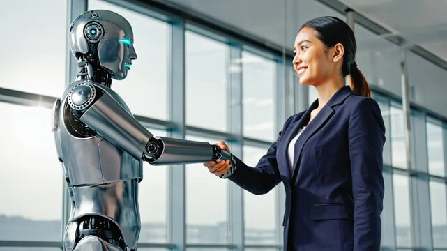 An Asian female executive in a formal blazer shaking hands with a sleek robot in a bright office. Concept of advanced technology integration and modern business collaboration.