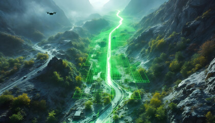 Aerial Drone Survey of Pipeline Construction Site Using LiDAR Technology with Green Grid Overlay Capturing Detailed Topographic Data for Infrastructure Mapping and Terrain Analysis 