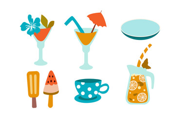 Set with summer cocktails, refreshing lemonade, ice cream and a cup.