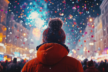 Dreamy Winter Night with a Person Admiring Sparkling Fireworks in Festive Holiday Atmosphere, Generative AI