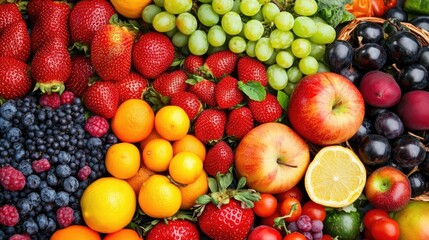 A vibrant collection of fresh, ripe fruits, including strawberries, blueberries, raspberries, grapes, oranges, apples, and lemons, showcasing a delightful array of colors and textures.