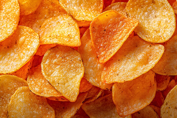 Crunchy golden potato chips stacked together on a vibrant background